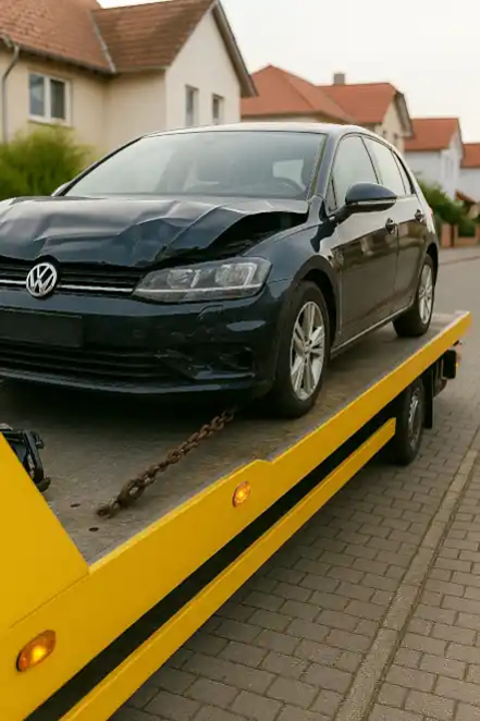 Defektes Fahrzeug wird beim Autoankauf in Villingen professionell abgeschleppt und bewertet.